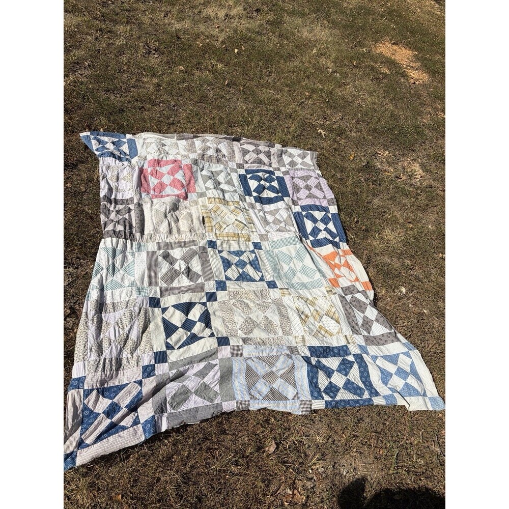 Early 1900’s Hand Stitched Quilt Top Only Shirt Fabric Feed Sack Cotton 74x 61